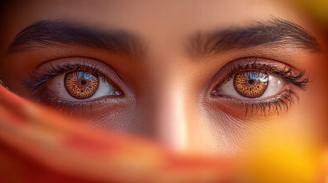 Close-up of captivating eyes with intricate patterns and warm, inviting colors.