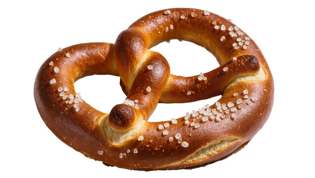 Golden brown baked pretzel with coarse salt crystals, isolated on transparent background