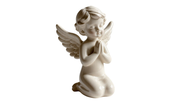 White ceramic cherub angel figurine with folded hands, isolated on transparent background