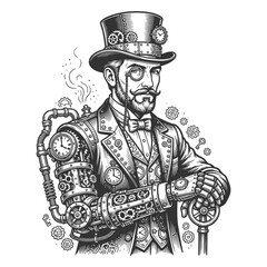 Fototapeta premium steampunk gentleman with a mechanical arm, monocle, gears, and clocks, blending Victorian fashion and machinery sketch engraving generative ai vector illustration. Scratch board. Black and white image