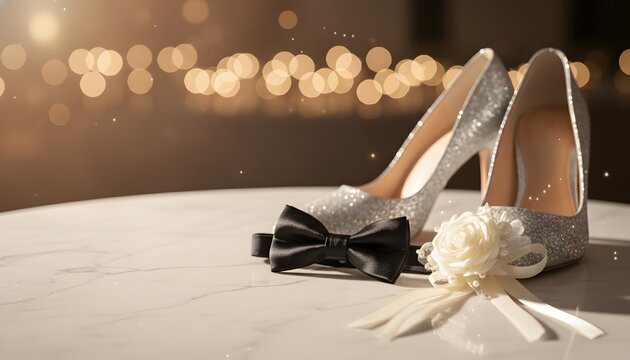 Sparkly silver high heels and a black bow tie with a white flower corsage for a prom season celebration concept, elegant formal accessories on marble with warm bokeh