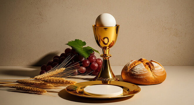Eucharist elements bread wine and communion symbols on table with golden chalice and plate