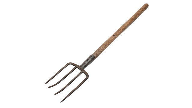 old farm pitchfork Garden fork with wooden handle used for digging and turning soil in a yard or garden during planting season  isolated on transparent background cut out