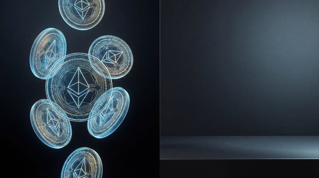 Glowing digital ethereum coins floating over a dark background with space