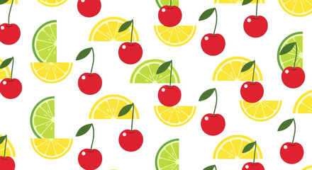 Obraz premium Vibrant illustration of cherries, lemon slices, and lime wedges on a white background for a refreshing fruit pattern.