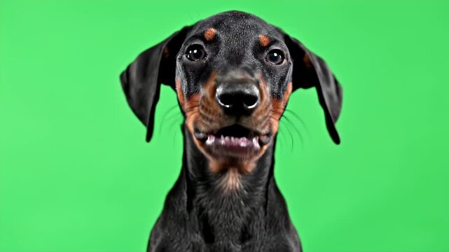 Realistic Close-Up of a Doberman Pinscher Puppy Face Against a Vibrant Green Background