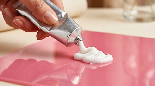 Toothpaste squeezed from tube onto pink surface toothpaste