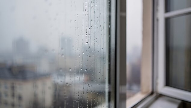 Rainy cityscape view from a window with water droplets on glass