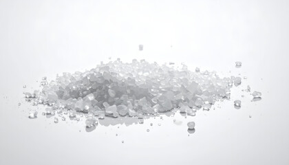 Obraz na płótnie Canvas Pile of coarse sea salt crystals on white surface sparkling with light scattered around top view studio shot ingredient for cooking and spa treatment
