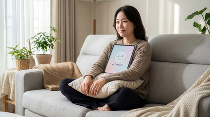 Fototapeta premium Young woman using digital tablet for AI mental health therapy at home