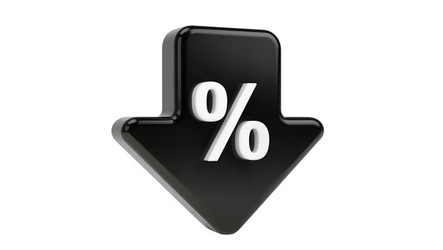 Glossy black downward arrow with percentage symbol, isolated on transparent background
