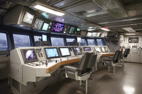 Modern ship command center, full of screens, controls, and chairs