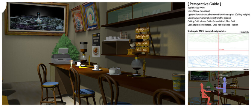 アニメの背景に使えるレトロな喫茶店
【パースガイドについて】
本作品は 3Dソフトを用いて数学的に正確なパースで制作しております。
昨今の生成 AI画像との識別の助けとなり、ご購入者様に安心してお使いいただけるよう、制作過程の証明（エビデンス）としてパースガイドを付属しております。
ガイド部を 3倍に拡大しますと、正規作品と同サイズになります。別レイヤーで重ね合わせてお使いいただくことができます。