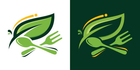 Fototapeta premium healthy food logo design with spoon and leaf elements