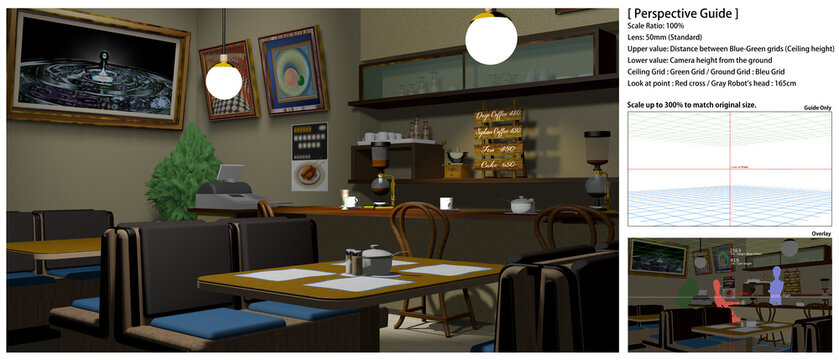 アニメの背景に使えるレトロな喫茶店
【パースガイドについて】
本作品は 3Dソフトを用いて数学的に正確なパースで制作しております。
昨今の生成 AI画像との識別の助けとなり、ご購入者様に安心してお使いいただけるよう、制作過程の証明（エビデンス）としてパースガイドを付属しております。
ガイド部を 3倍に拡大しますと、正規作品と同サイズになります。別レイヤーで重ね合わせてお使いいただくことができます。