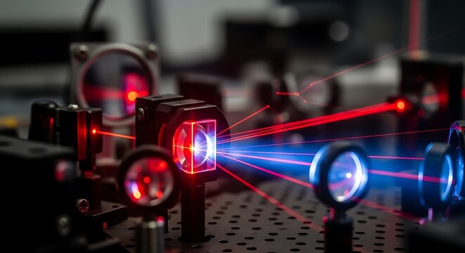 Laboratory laser optics setup with red and blue beams, vector illustration