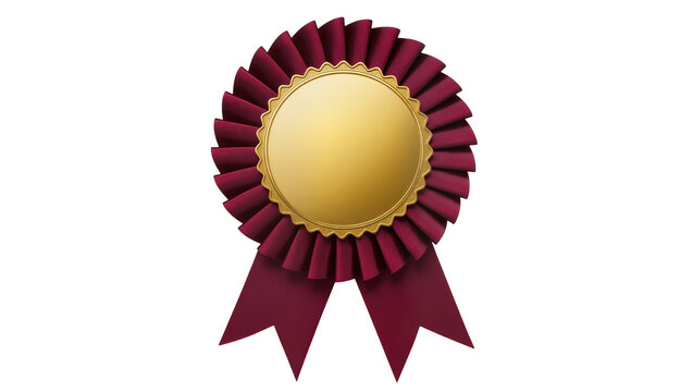 Maroon rosette award ribbon with golden center, isolated on transparent background