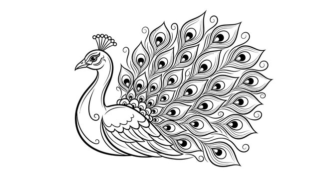 Elegant peacock bird line art with decorative fanned tail feathers
