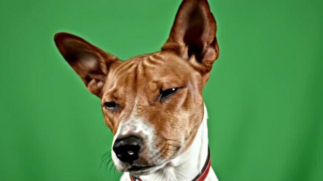 Realistic Close-Up of an Adult Basenji Dog Face Against a Vibrant Green Background
