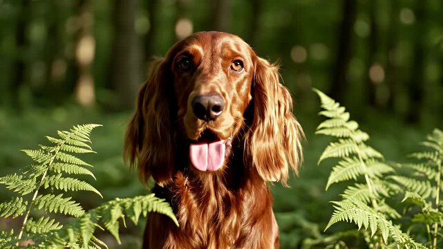 Realistic Close-Up of an Adult Irish Setter Facing Camera Amidst Vibrant Green Ferns in Sunlit Forest