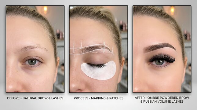 woman eyebrow and eyelash transformation process before and after ombre powdered brow and russian volume lashes