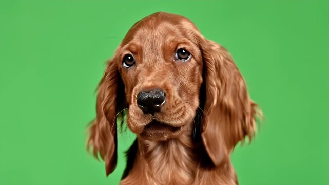 Realistic Close-Up of an Irish Setter Puppy with Expressive Eyes and Shiny Coat Against a Vibrant Green Background