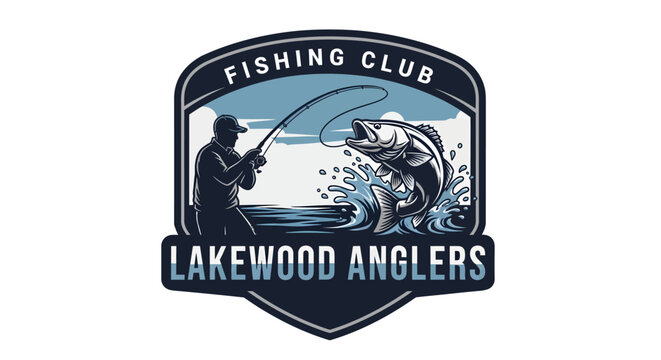 Fishing Club Lakewood Anglers Logo Design with Fisherman Catching a Large Fish.