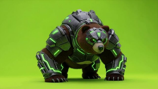 Cyborg Animal Robotic Armored Bear on Green Screen Ready for Battle