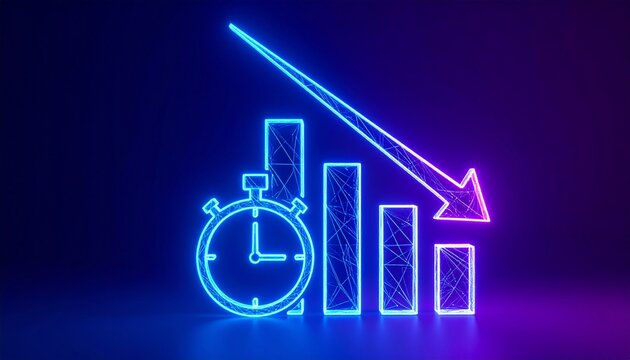 Neon stopwatch declining bar chart arrow performance reduction