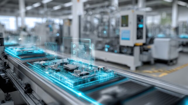 Circuit boards on production line with digital overlay