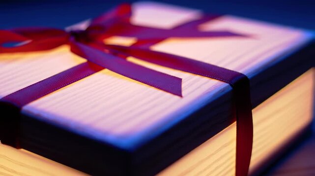 A wrapped book with a dark red ribbon under blue and yellow lighting