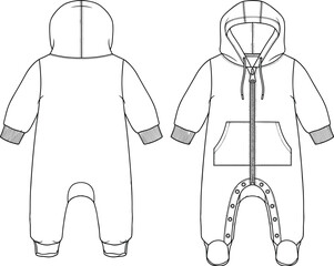 Technical fashion illustration of a baby hooded romper featuring front zipper kangaroo pocket ribbed cuffs and snap button leg closure. © MdAtiar