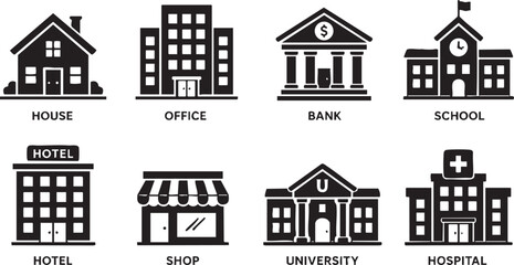 Fototapeta premium Building icon set. Containing house, office, bank, school, hotel, shop, university and hospital icons