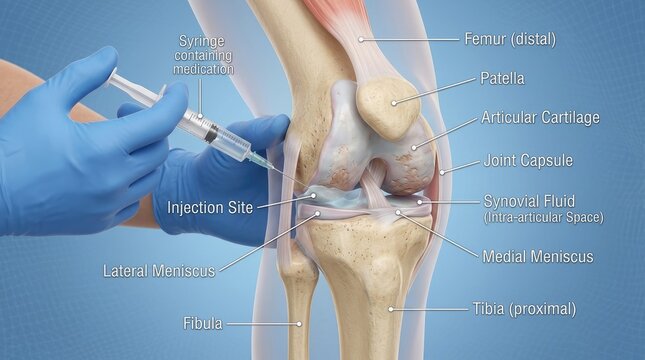 A healthcare professional injects medication into a knee joint. The image illustrates a lateral knee injection, targeting the intra-articular space within the joint capsule.
