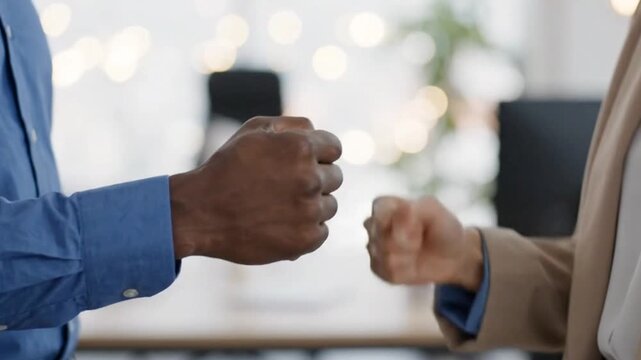 Close-Up of Two Coworkers Hands Fist Bumping in Soft Lighting
