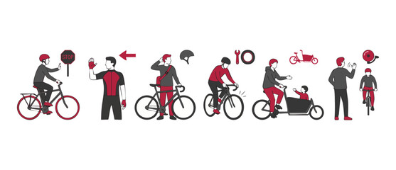 Obraz premium Bicycle safety instructions guide illustration for urban cycling commuters. Set of cycling icons featuring hand signals, helmet wearing, bike maintenance, cargo bike family safety and road traffic rul