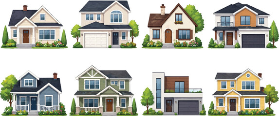 Isolated cartoon houses set. Simple suburban houses. Concept of real estate © mahadi16