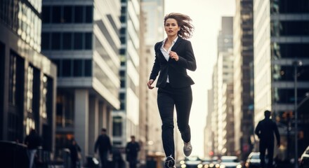 Fototapeta premium Determined Businesswoman Running in City Street Achieving Goals.