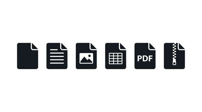Collection of simple dark icons representing various file types and documents