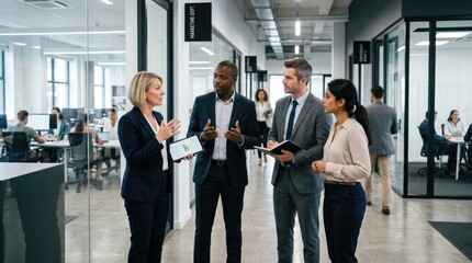 Fototapeta premium Four business professionals are engaged in a discussion within a modern office space. A woman in a dark blazer and a man in a suit are gesturing while speaking with two other colleagues.