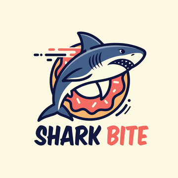 Fun cartoon shark biting a delicious glazed donut logo design.