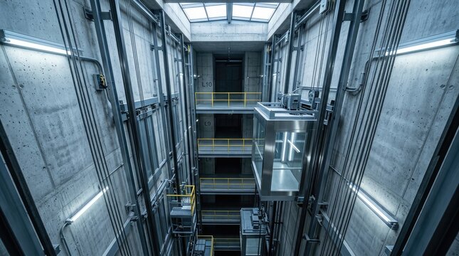 A high-angle shot captures an interior elevator shaft within a massive, concrete building. The shaft is dominated by a vertical elevator car suspended mid-travel.