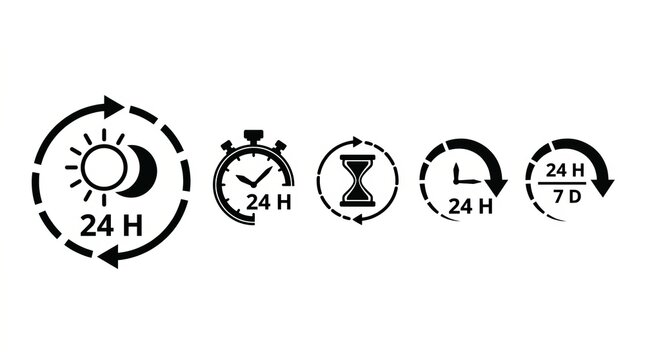 Set of icons representing 24-hour availability and continuous service