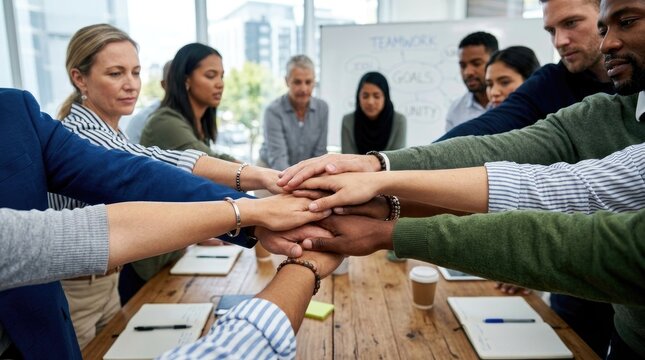 A diverse group of professionals are huddled together, linking arms in a gesture of unity and support. They are participating in a team-building exercise, likely discussing goals and strategies.