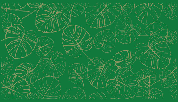 Luxury Nature green background vector. Floral pattern, Golden split-leaf Philodendron plant with monstera plant line arts, Vector illustration.