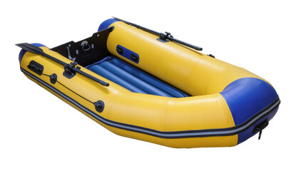 Yellow and blue inflatable dinghy with oars, isolated on transparent background © Carlos