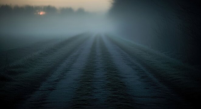 Eerie Railroad Tracks Disappearing into Dense Fog at Dusk.