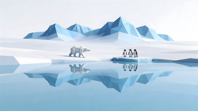 Polar bear and penguins in icy landscape