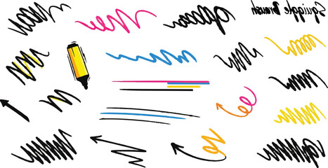 Fototapeta premium A vibrant collection of hand-drawn squiggle brush strokes and marker doodles in pink, blue, yellow, and black.
