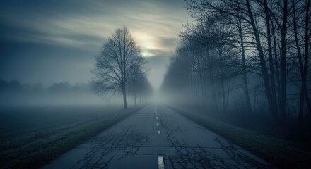 Fototapeta premium Eerie Road Through Foggy Landscape A Mysterious Journey.